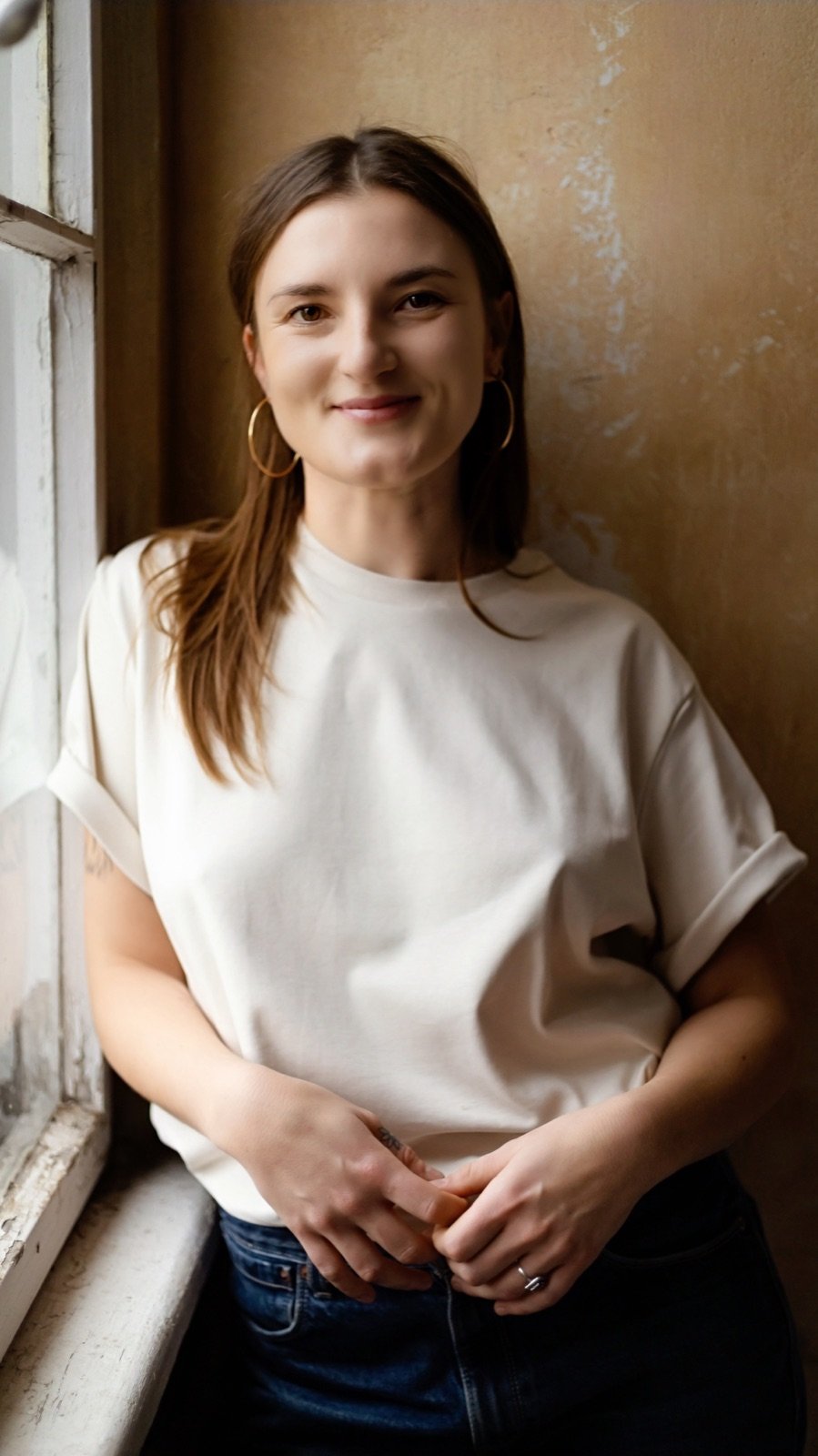 Dagmara Cichocka przy oknie, uśmiechnięta